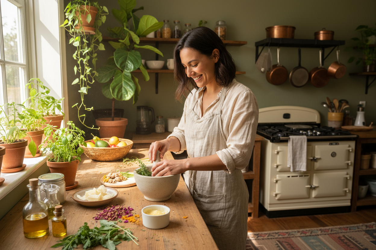 Femme ou homme en train de préparer un plat, une infusion ou un soin – sourire, authenticité.