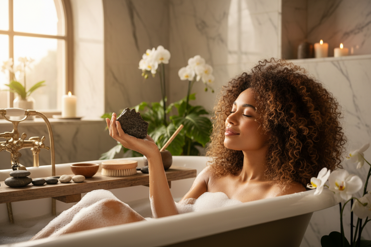 photo d'un femme métisse avec des cheveux bouclés qui utilise un savon noir africain dans sa baignoire