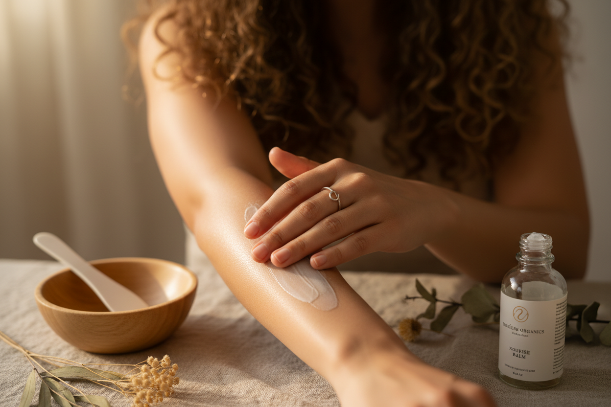 Photographie calme et naturelle illustrant un rituel bien-être avec des mains métisses cheveux bouclés appliquant une matière naturelle sur la peau, lumière douce et chaleureuse, ambiance épurée et artisanale, style éditorial premium