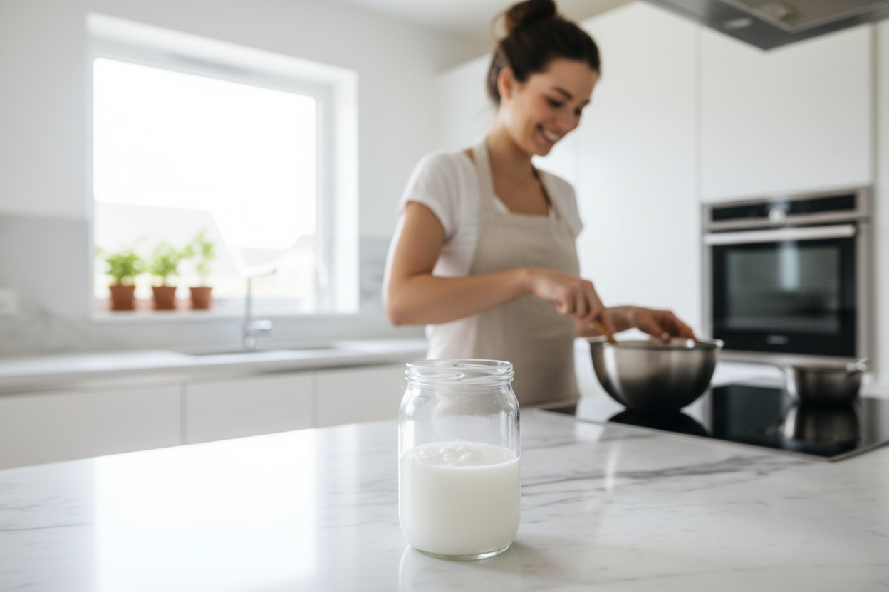 une jeune femme souriante qui cuisine dans une belle cuisine avec un zoom sur l'huile de coco sans marque sur le pot 